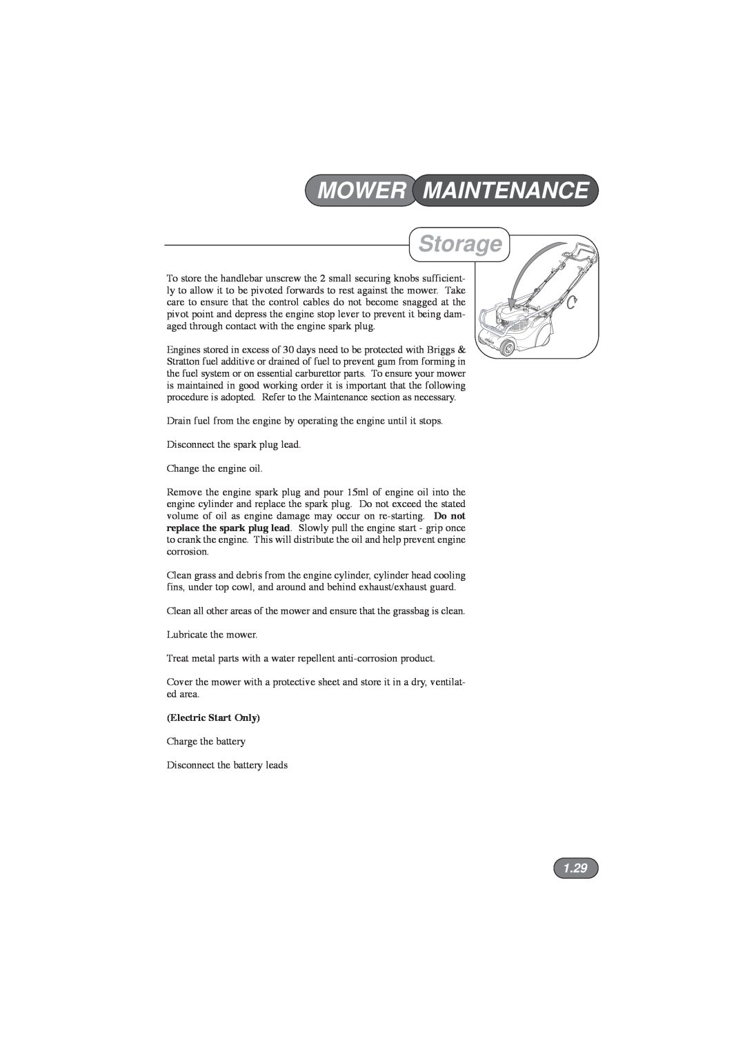 Hayter Mowers 410E, 412E, 413E manual Storage, 1.29, Electric Start Only, Mower Maintenance 