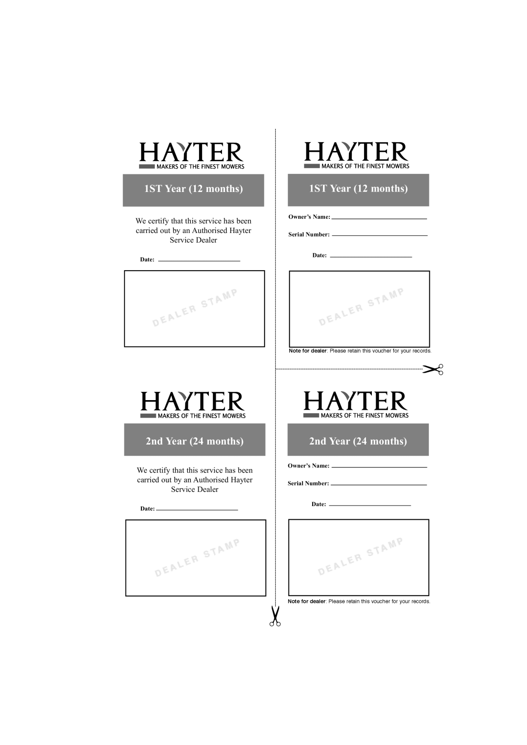 Hayter Mowers 412E, 413E We certify that this service has been, Service Dealer, carried out by an Authorised Hayter, Date 