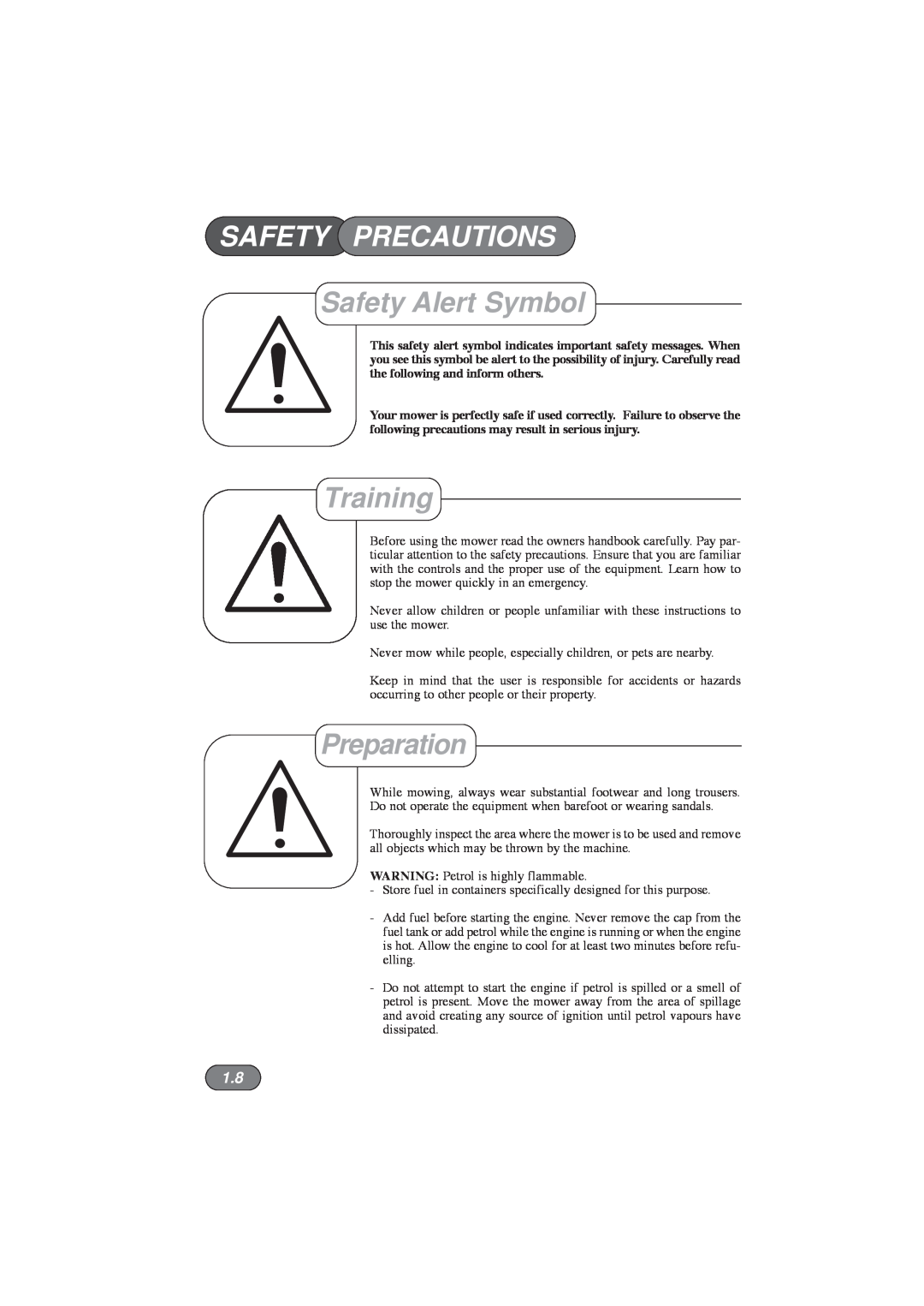 Hayter Mowers 410E, 412E, 413E manual Safety Precautions, Safety Alert Symbol, Training, Preparation 