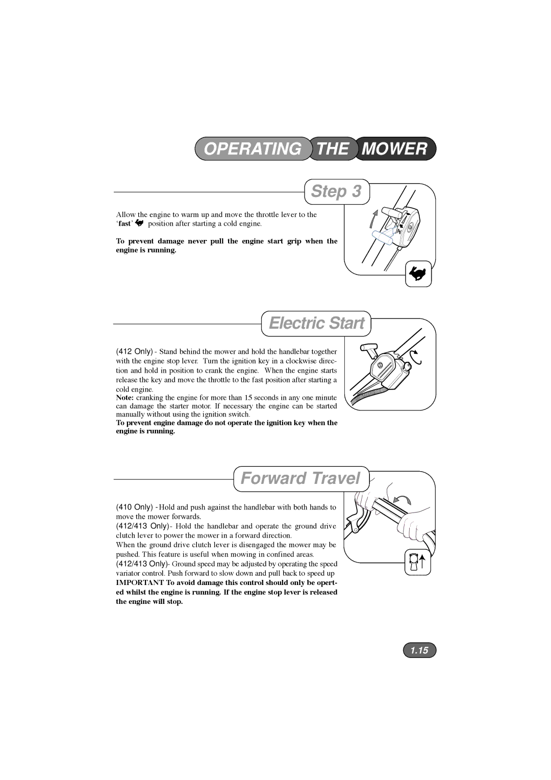 Hayter Mowers 412E, 415E, 410E manual Electric Start, Forward Travel 