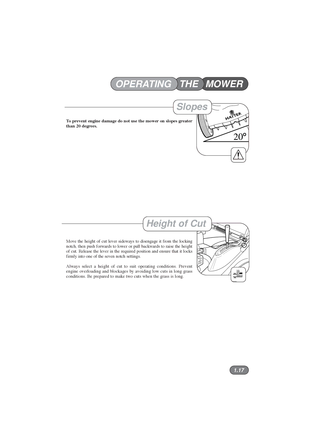 Hayter Mowers 410E, 412E, 415E manual Slopes, Height of Cut 