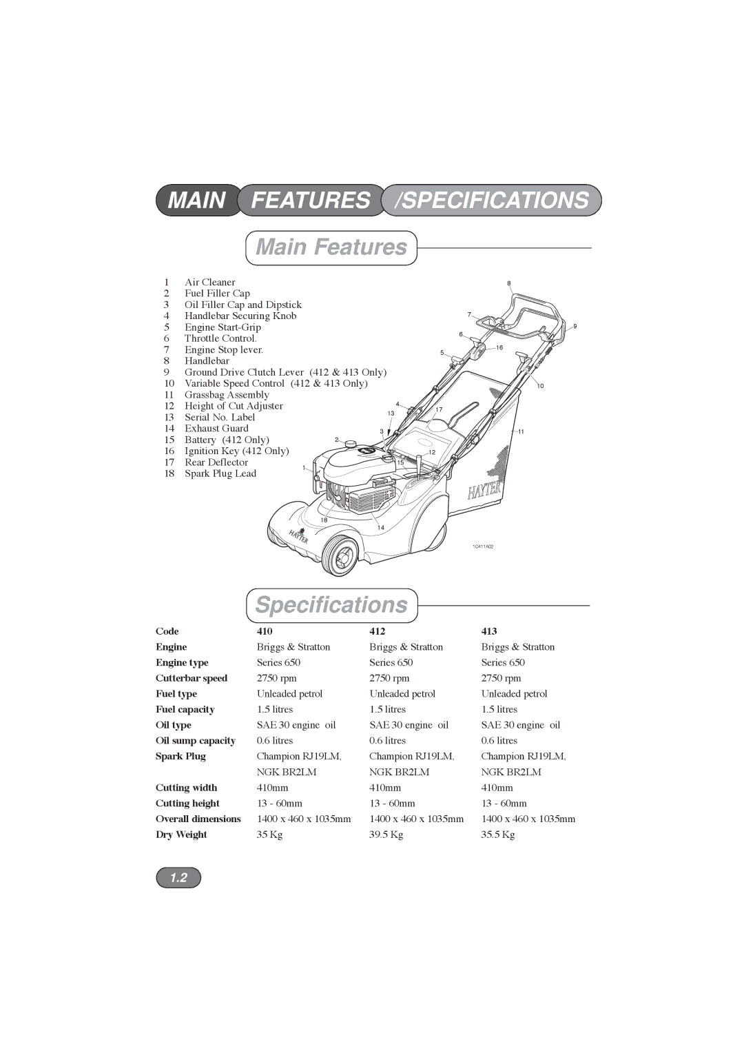 Hayter Mowers 410E, 412E, 415E manual Main Features /SPECIFICATIONS, Specifications 