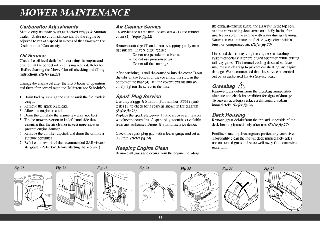 Hayter Mowers 410G, 412G, 413G manual Mower Maintenance 