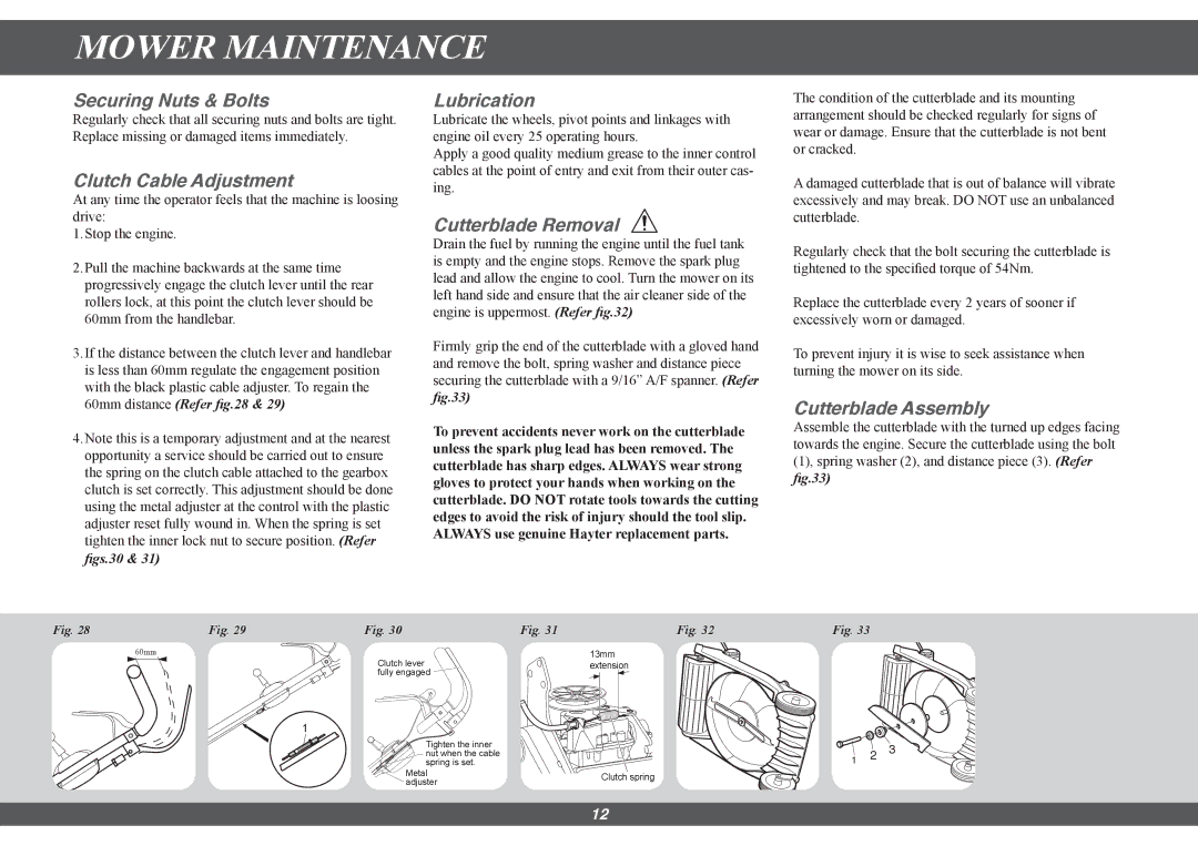 Hayter Mowers 412G Securing Nuts & Bolts, Clutch Cable Adjustment, Lubrication, Cutterblade Removal, Cutterblade Assembly 