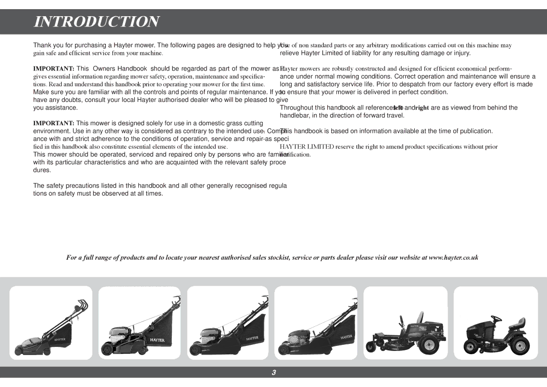 Hayter Mowers 412G, 413G, 410G manual Introduction 