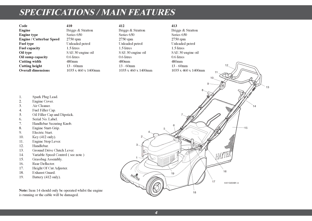 Hayter Mowers 413G, 412G, 410G manual Specifications / Main Features, Overall dimensions 