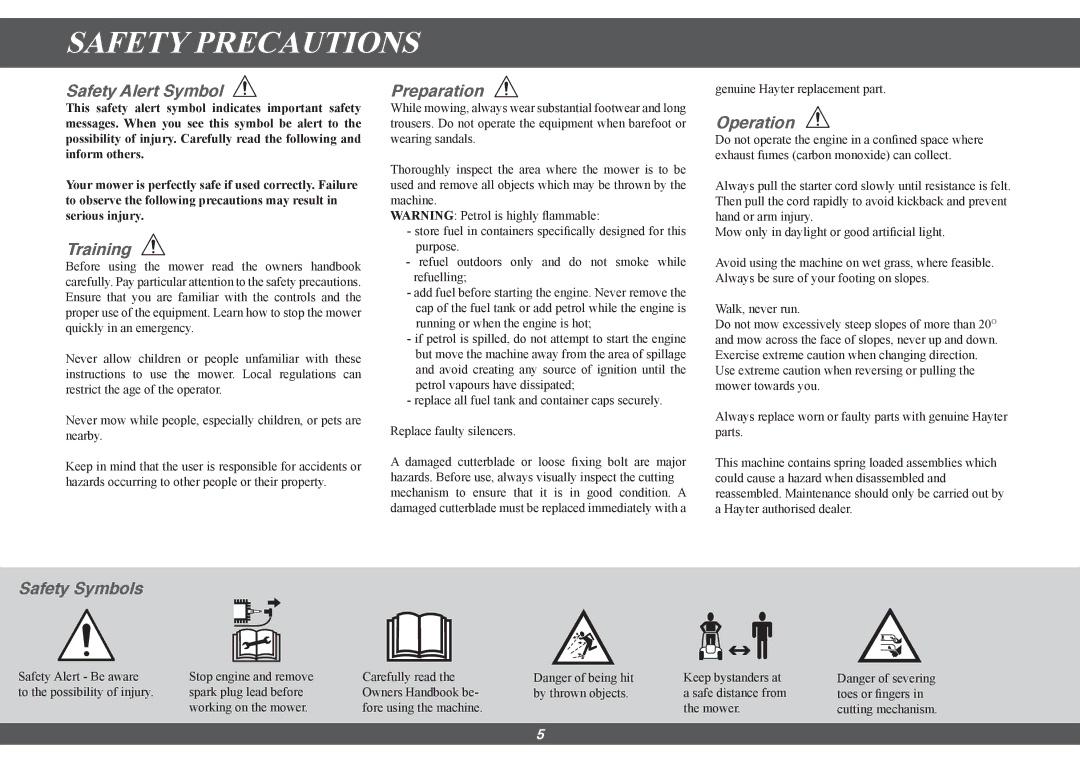 Hayter Mowers 410G, 412G, 413G manual Safety Precautions 