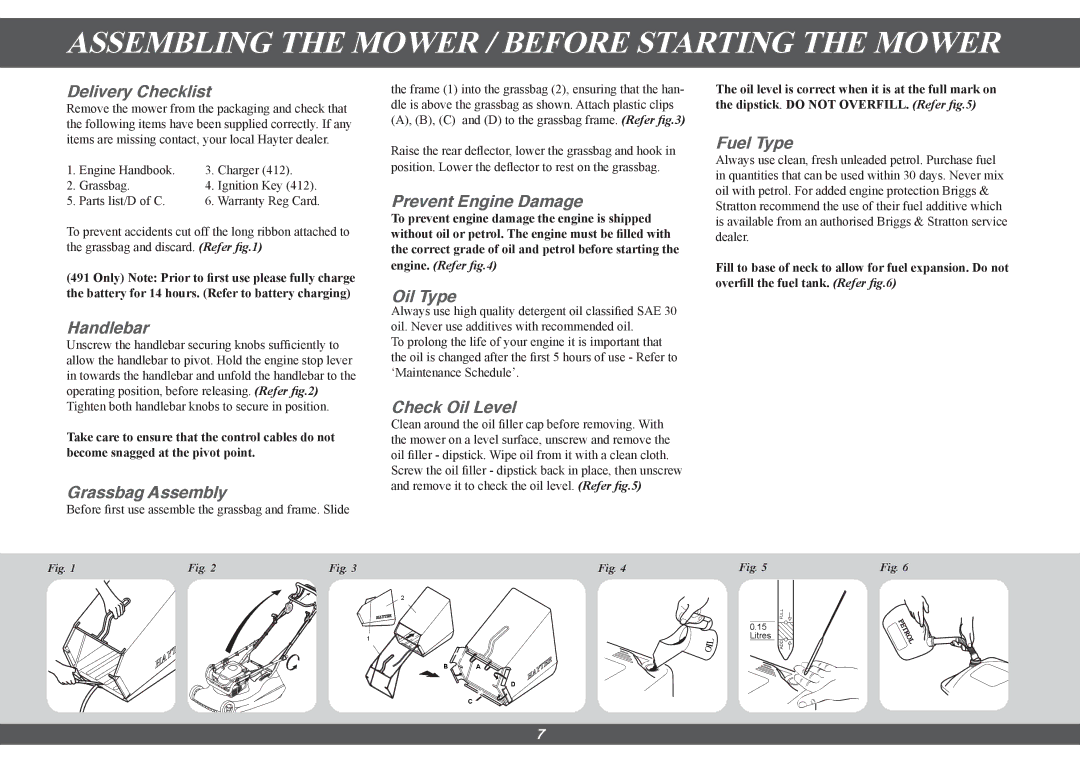 Hayter Mowers 413G, 412G, 410G manual Assembling the Mower / Before Starting the Mower 