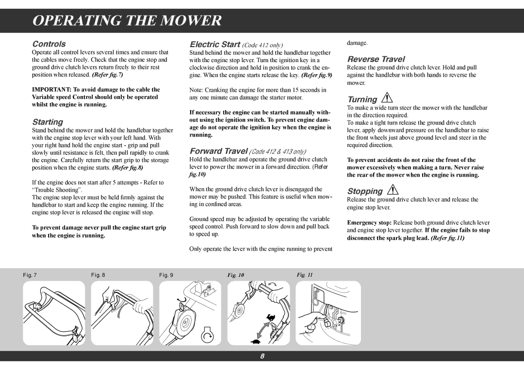 Hayter Mowers 410G, 412G, 413G manual Operating the Mower 