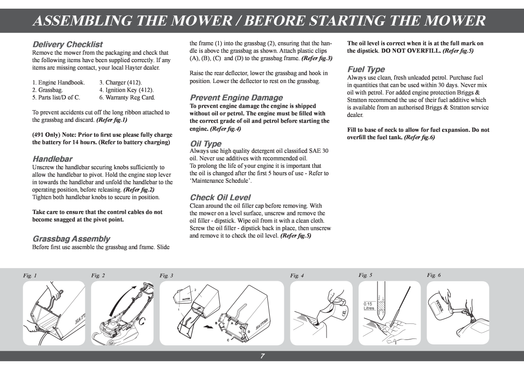 Hayter Mowers 413G Assembling The Mower / Before Starting The Mower, Delivery Checklist, Handlebar, Grassbag Assembly 