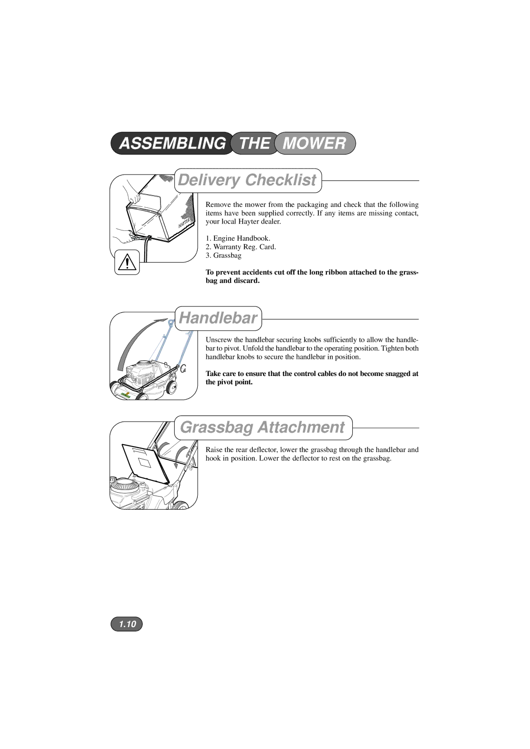 Hayter Mowers 423V, 422V, 424V manual Assembling the Mower, Delivery Checklist, Handlebar, Grassbag Attachment 