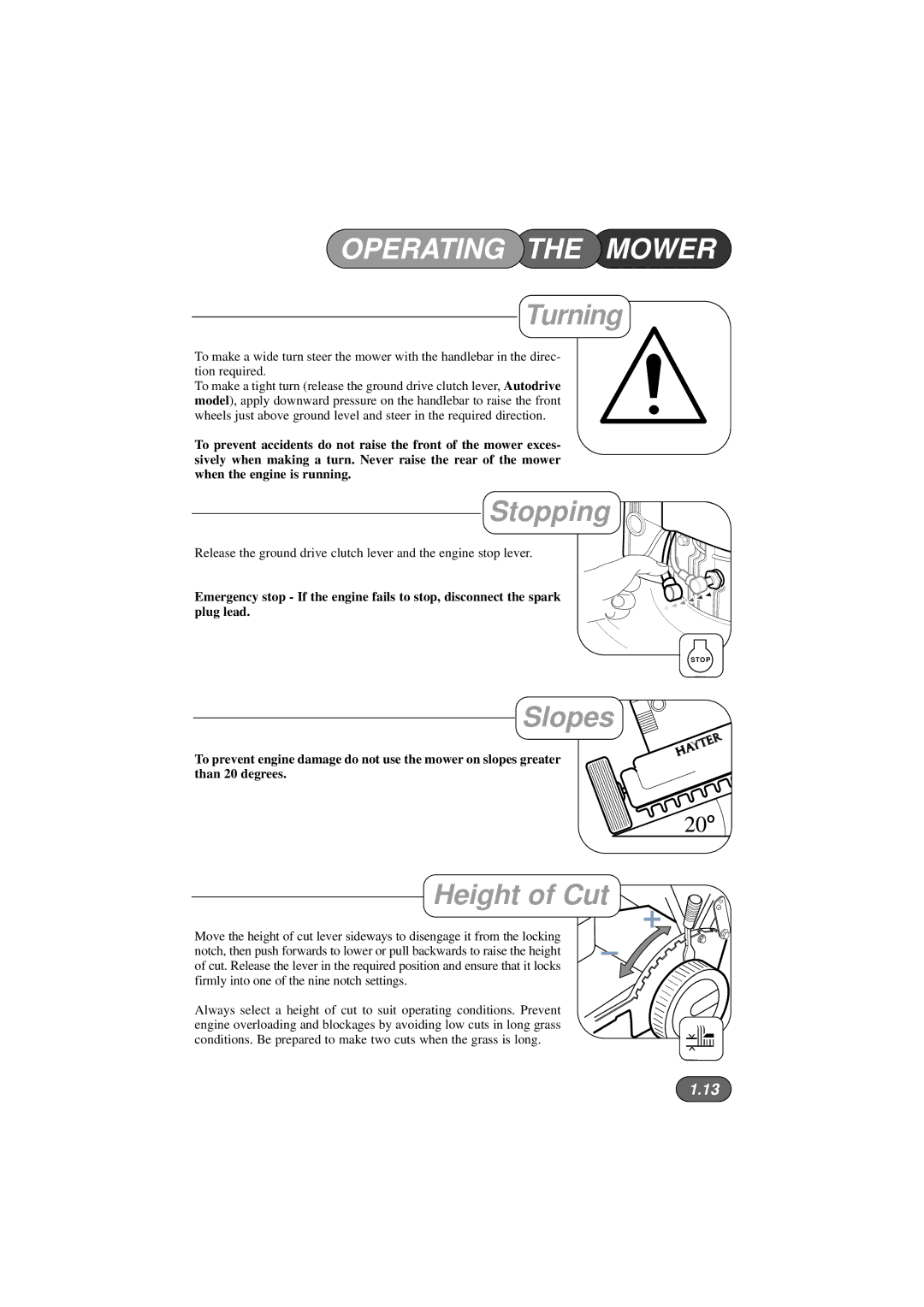 Hayter Mowers 423V, 422V, 424V manual Turning, Stopping, Slopes, Height of Cut 