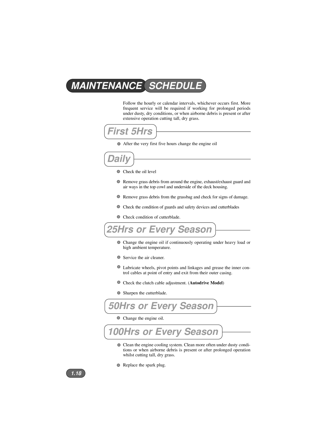 Hayter Mowers 422V, 423V, 424V manual Maintenance Schedule 