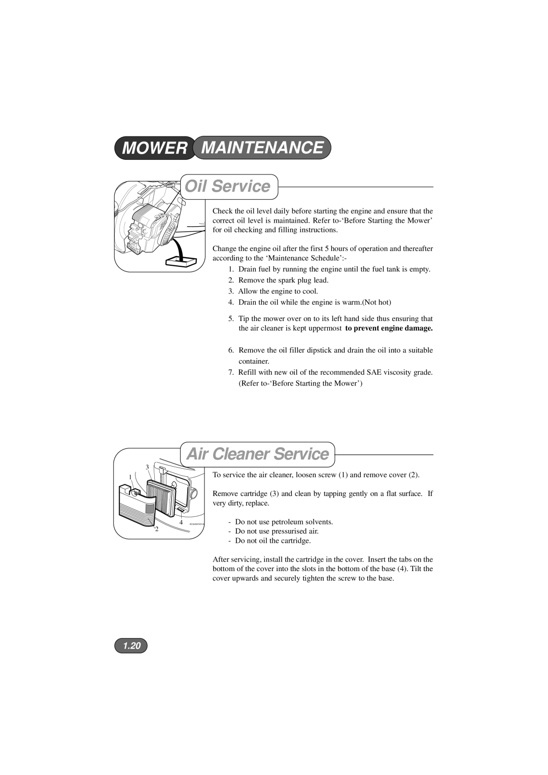 Hayter Mowers 424V, 422V, 423V manual Oil Service, Air Cleaner Service 