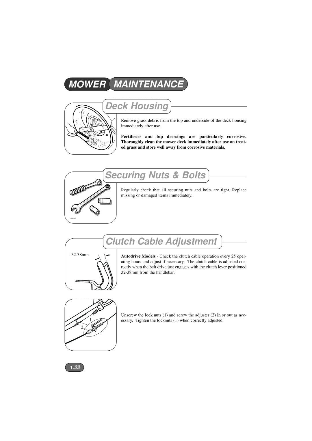 Hayter Mowers 423V, 422V, 424V manual Deck Housing, Securing Nuts & Bolts, Clutch Cable Adjustment 