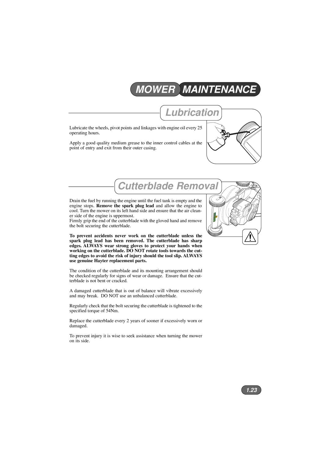 Hayter Mowers 424V, 422V, 423V manual Lubrication, Cutterblade Removal 