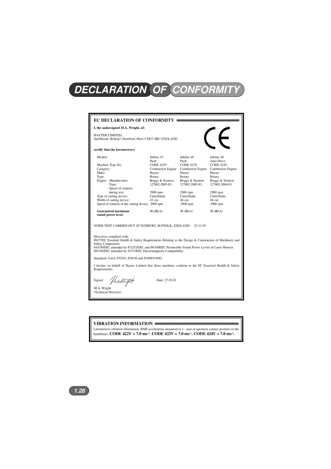 Hayter Mowers 423V, 422V, 424V manual EC Declaration of Conformity 