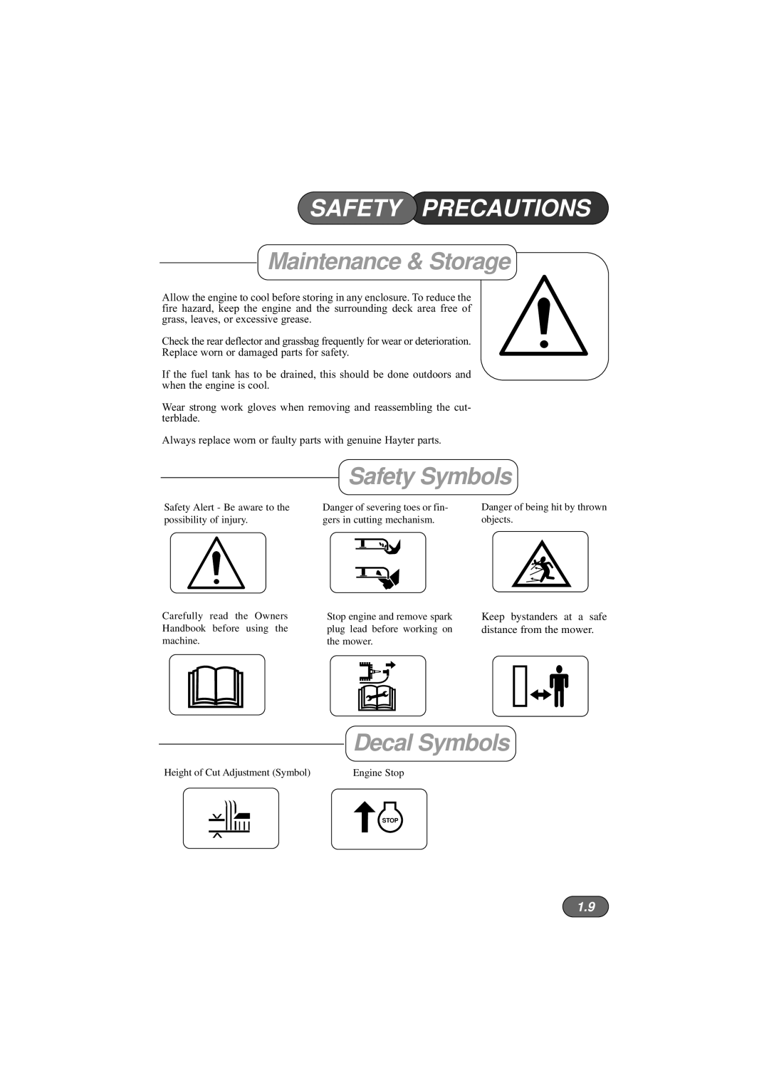 Hayter Mowers 422V, 423V, 424V manual Safety Symbols 