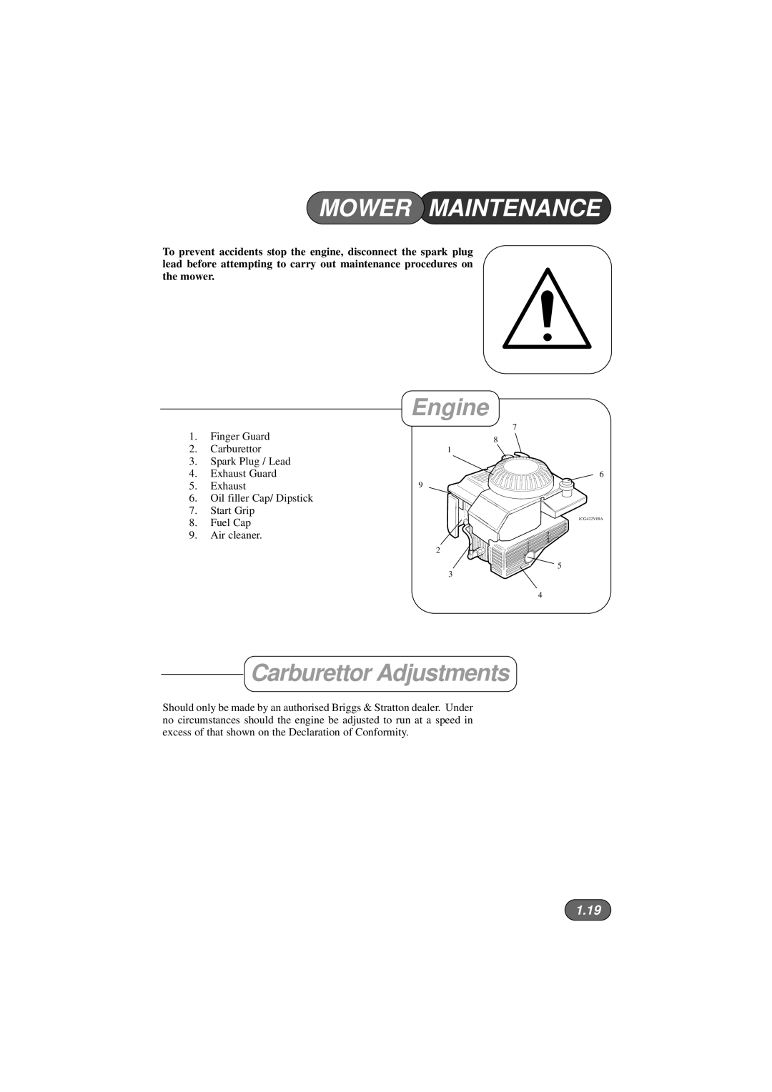 Hayter Mowers 423V, 422V, 424V manual Mower Maintenance, Engine, Carburettor Adjustments, 1.19 