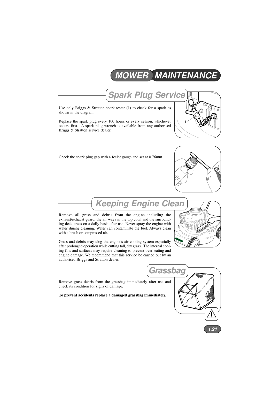 Hayter Mowers 422V, 423V, 424V manual Spark Plug Service, Keeping Engine Clean, 1.21, Mower Maintenance, Grassbag 