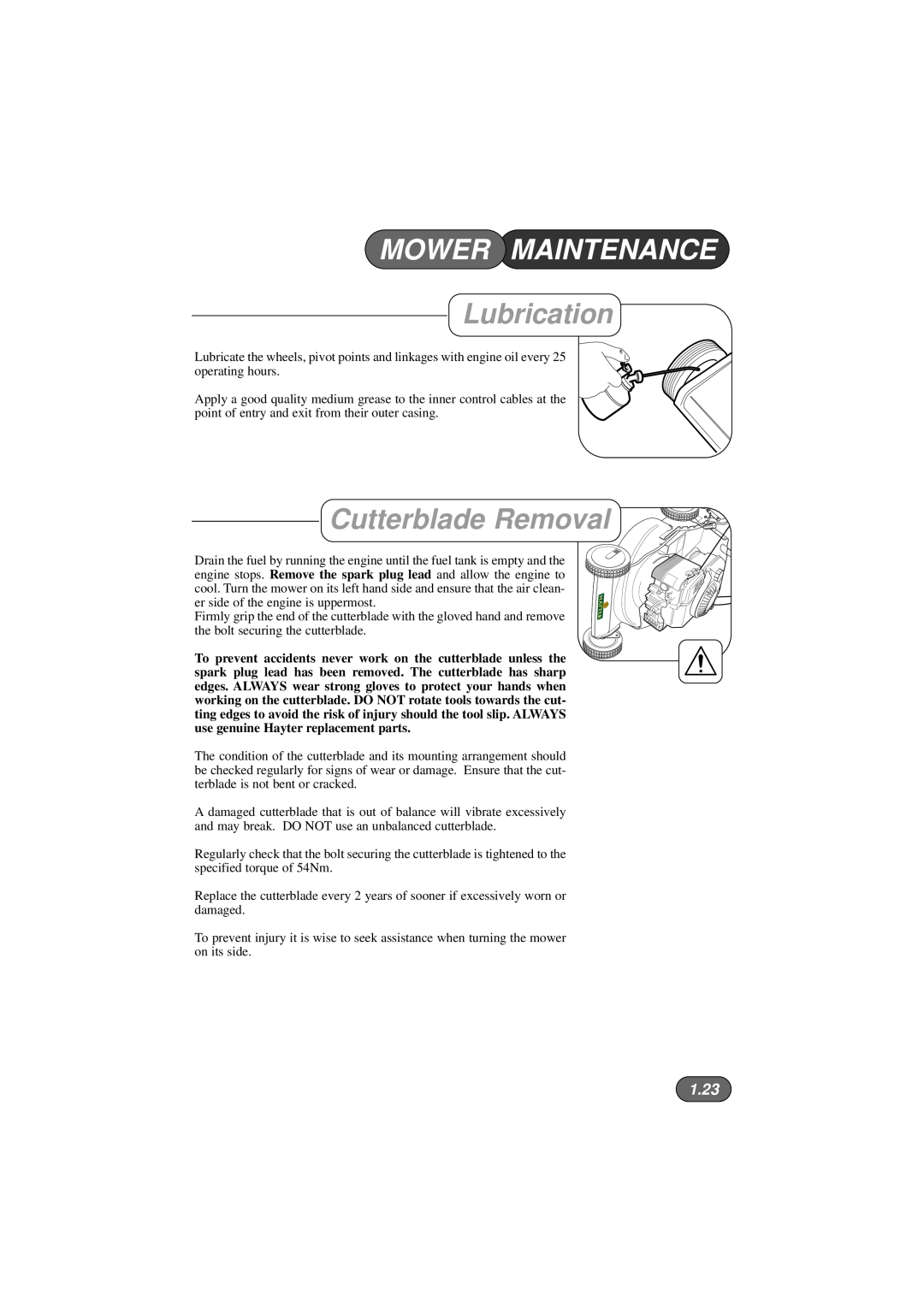 Hayter Mowers 424V, 422V, 423V manual Lubrication, Cutterblade Removal, 1.23, Mower Maintenance 