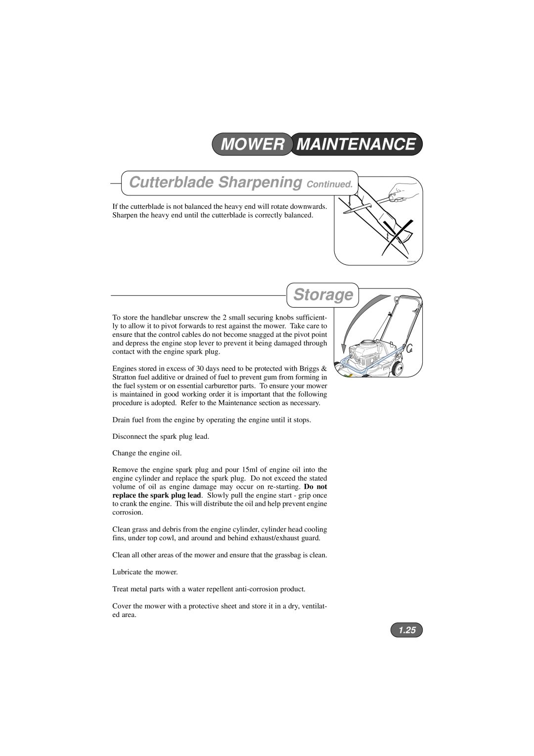 Hayter Mowers 423V, 422V, 424V manual Storage, Cutterblade Sharpening Continued, 1.25, Mower Maintenance 