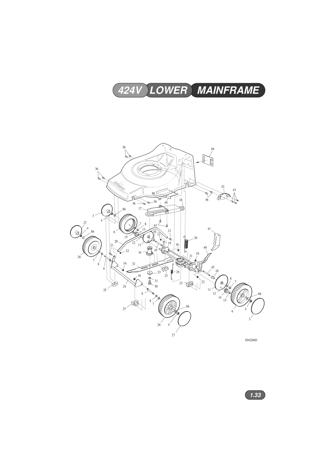 Hayter Mowers 422V, 423V manual 424V LOWER MAINFRAME, 1.33, 1D42204D 