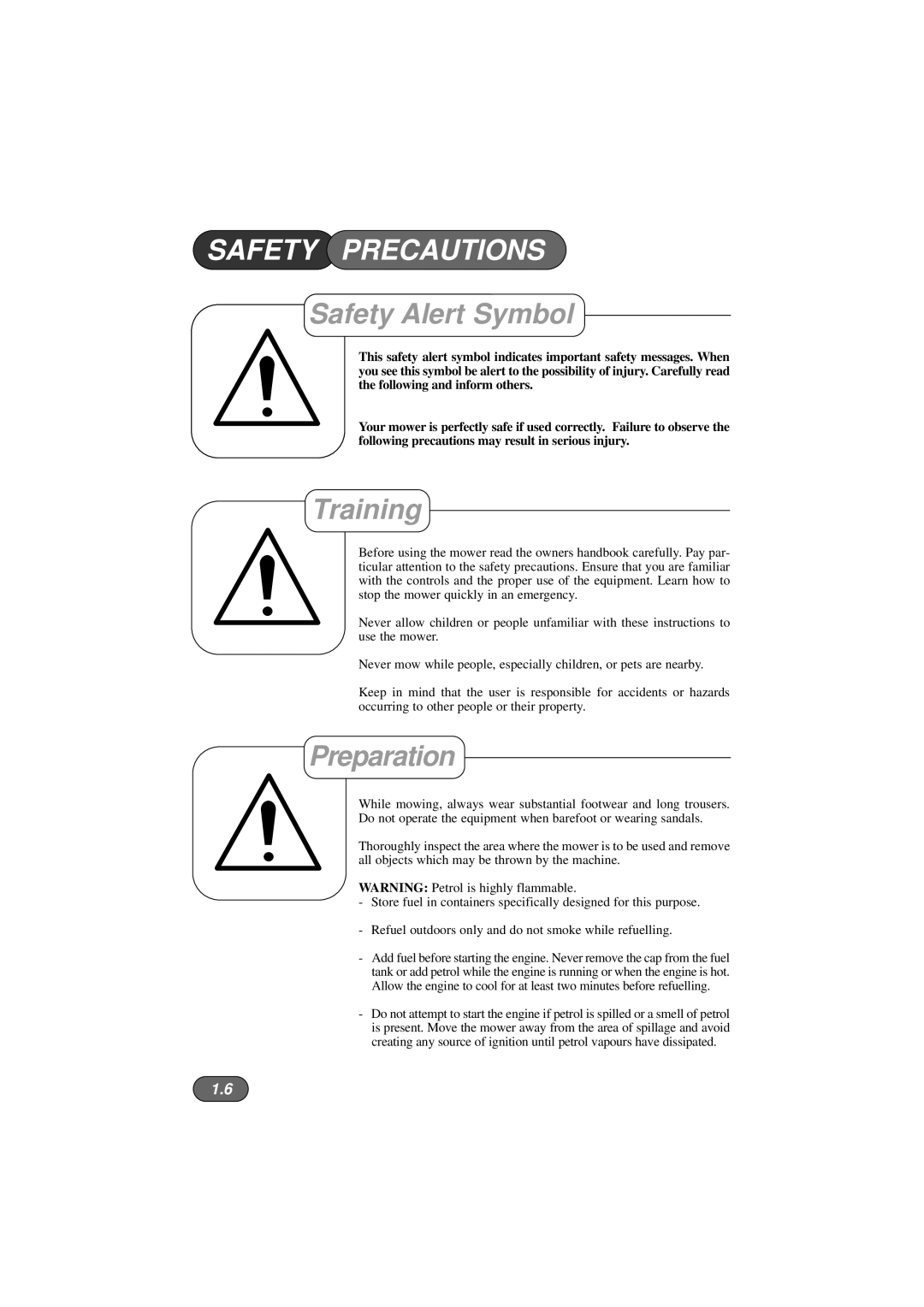 Hayter Mowers 422V, 423V, 424V manual Safety Precautions, Safety Alert Symbol, Training, Preparation 