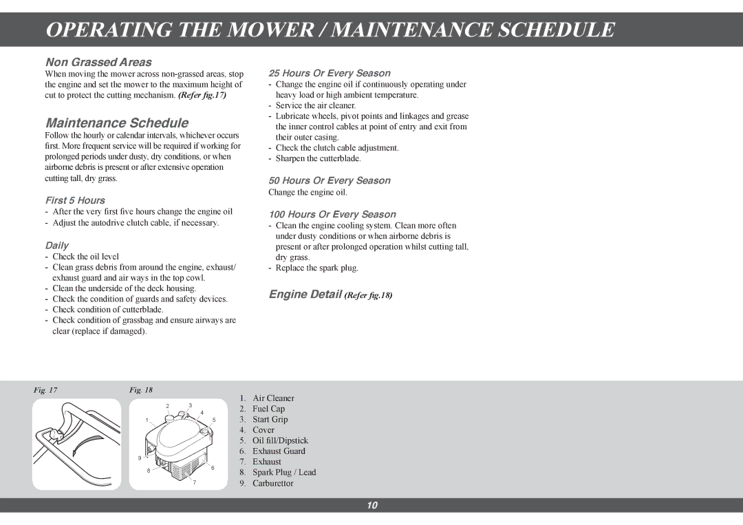 Hayter Mowers 435G, 433G, 434G, 432G manual Operating the Mower / Maintenance Schedule, Non Grassed Areas, Engine Detail Refer 