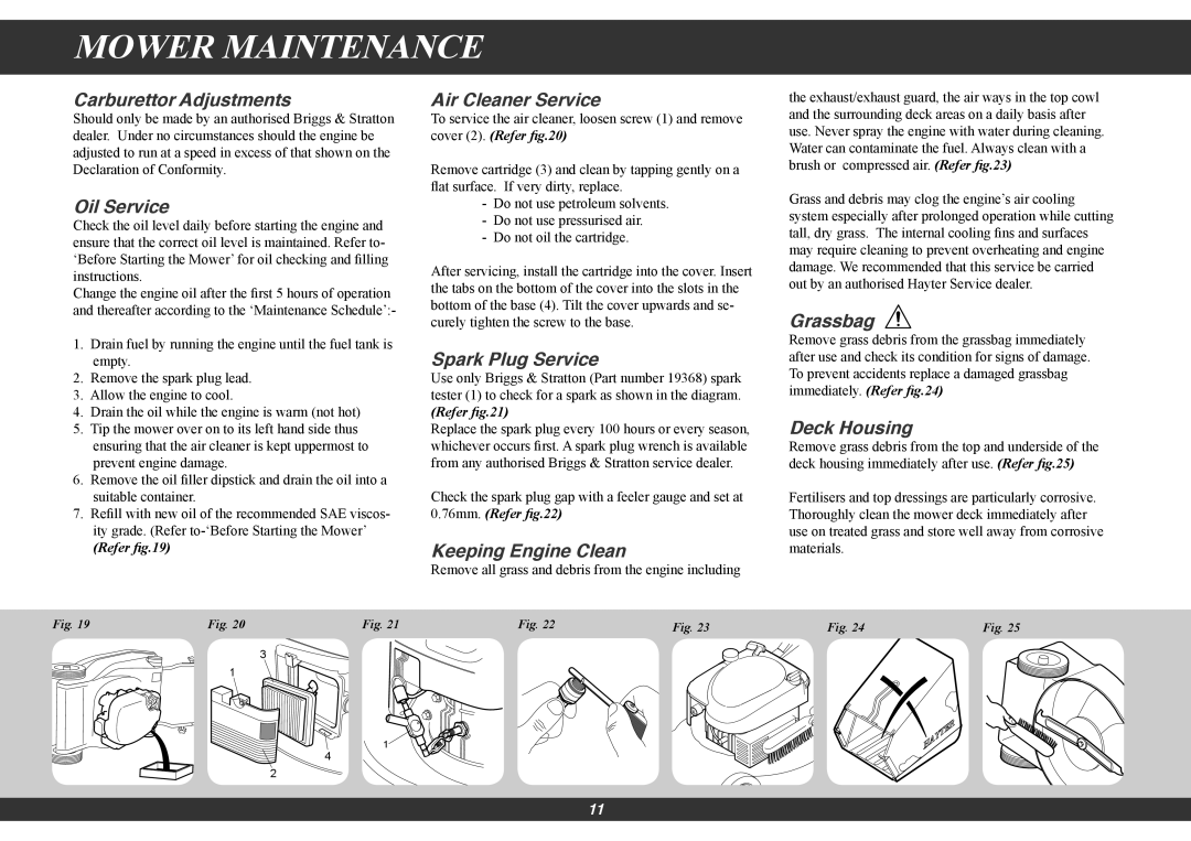 Hayter Mowers 432G, 433G, 434G, 435G manual Mower Maintenance 