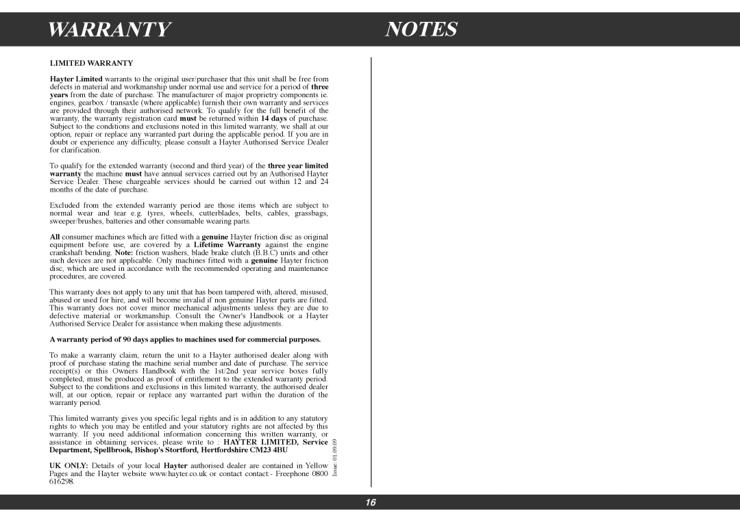 Hayter Mowers 433G, 434G, 435G, 432G manual Warrantynotes, Limited Warranty 
