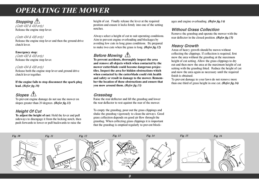 Hayter Mowers 434G, 433G Stopping, Before Mowing, Without Grass Collection, Heavy Growth, Slopes, Height Of Cut, Grassbag 