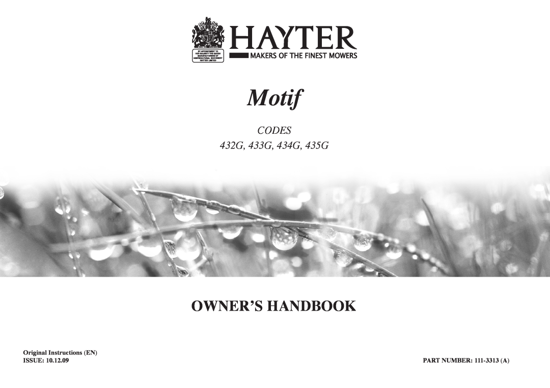 Hayter Mowers manual Motif, Owner’S Handbook, CODES 432G, 433G, 434G, 435G 