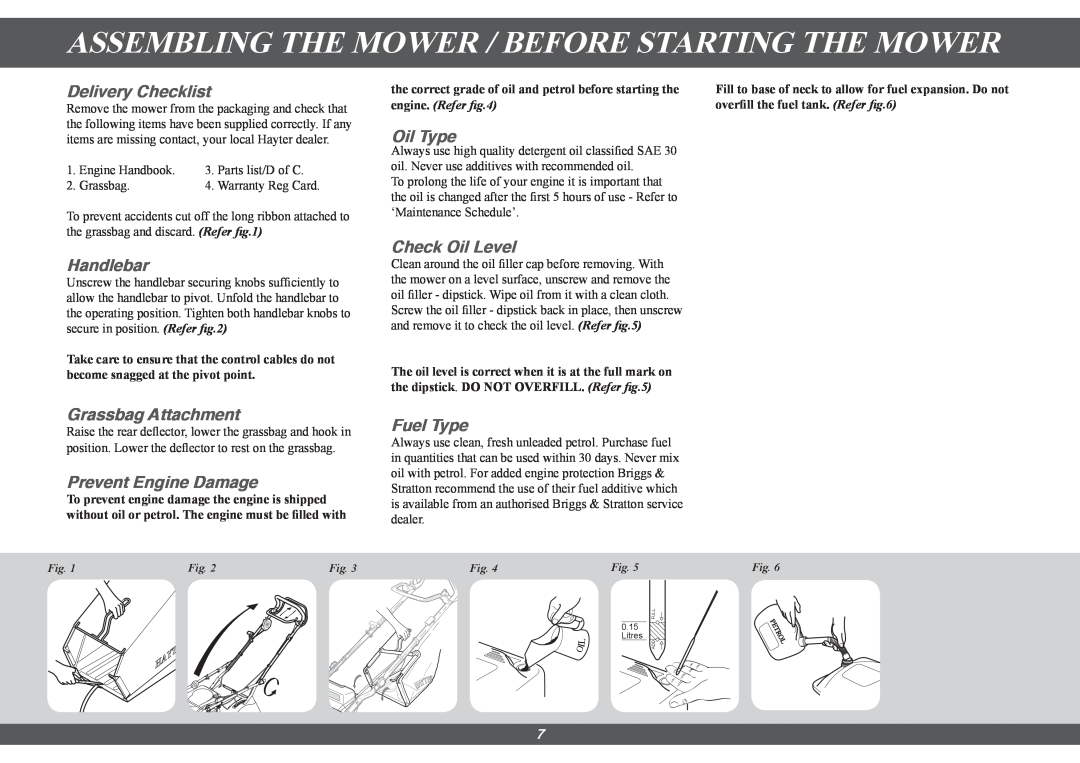 Hayter Mowers 432G Assembling The Mower / Before Starting The Mower, Delivery Checklist, Handlebar, Oil Type, Fuel Type 