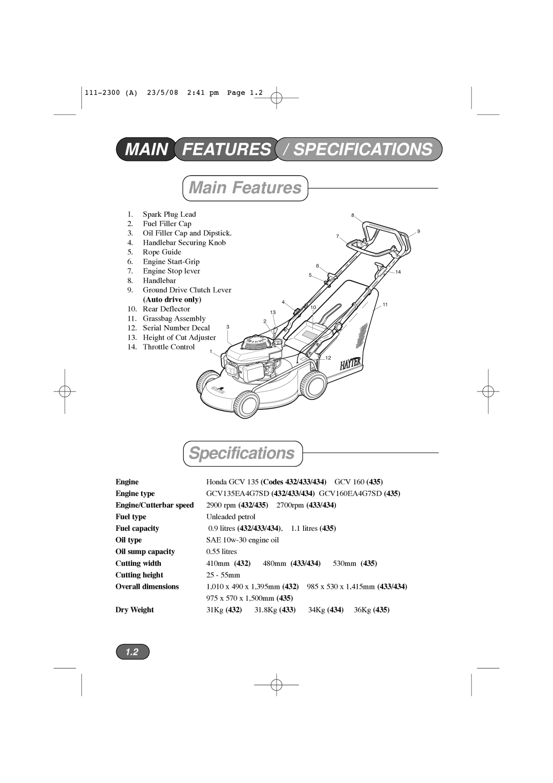 Hayter Mowers 433F, 434F, 435F, 432F manual Main Features / Specifications 