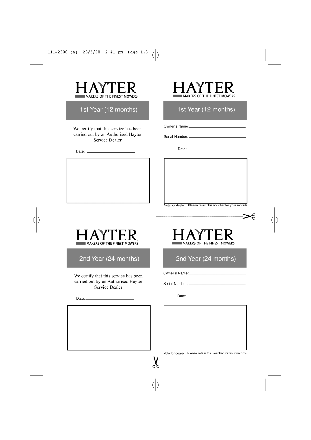 Hayter Mowers 432F, 434F, 435F, 433F manual 1st Year 12 months 