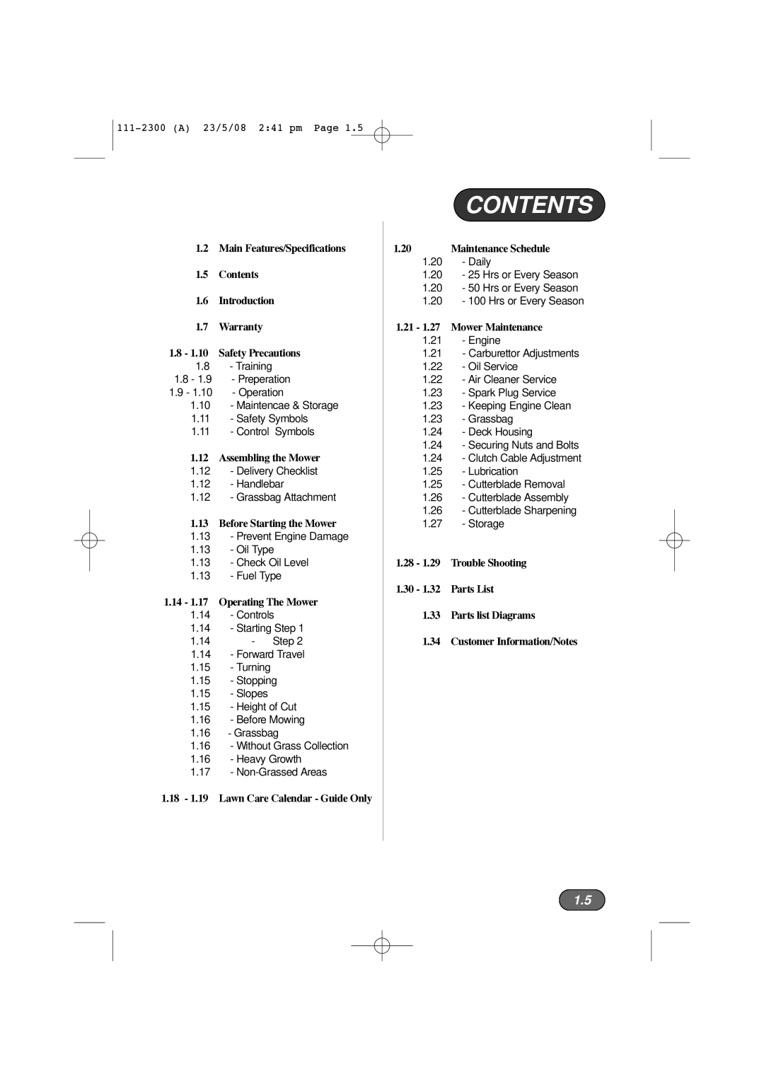 Hayter Mowers 435F, 434F, 433F, 432F manual Contents 