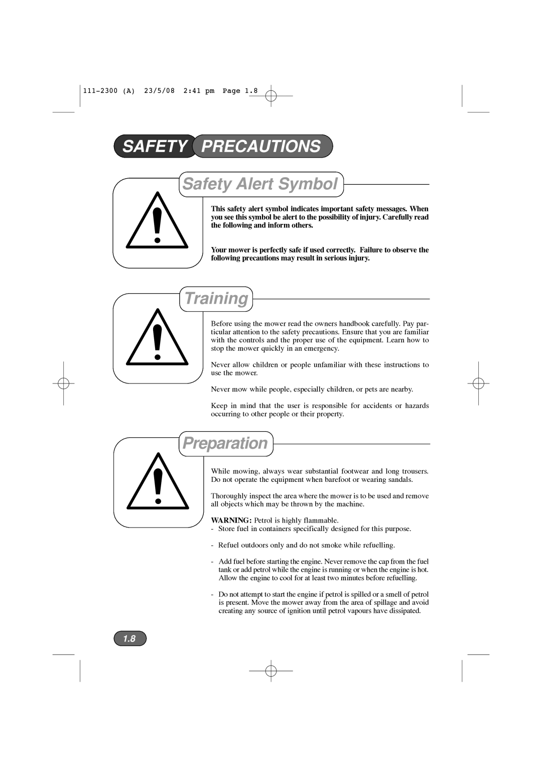 Hayter Mowers 434F, 435F, 433F, 432F manual Safety Precautions, Safety Alert Symbol, Training, Preparation 