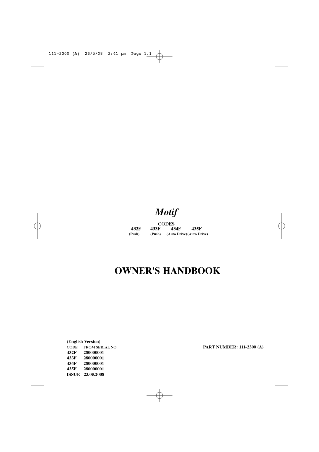 Hayter Mowers 435F manual Codes, 432F, 433F, 434F, Motif, Owners Handbook 