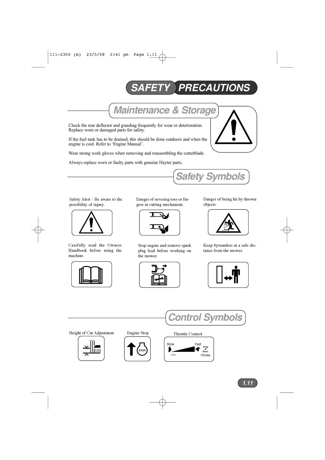 Hayter Mowers 432F, 434F, 435F, 433F manual Safety Symbols, Control Symbols, 1.11, Safety Precautions, Maintenance & Storage 