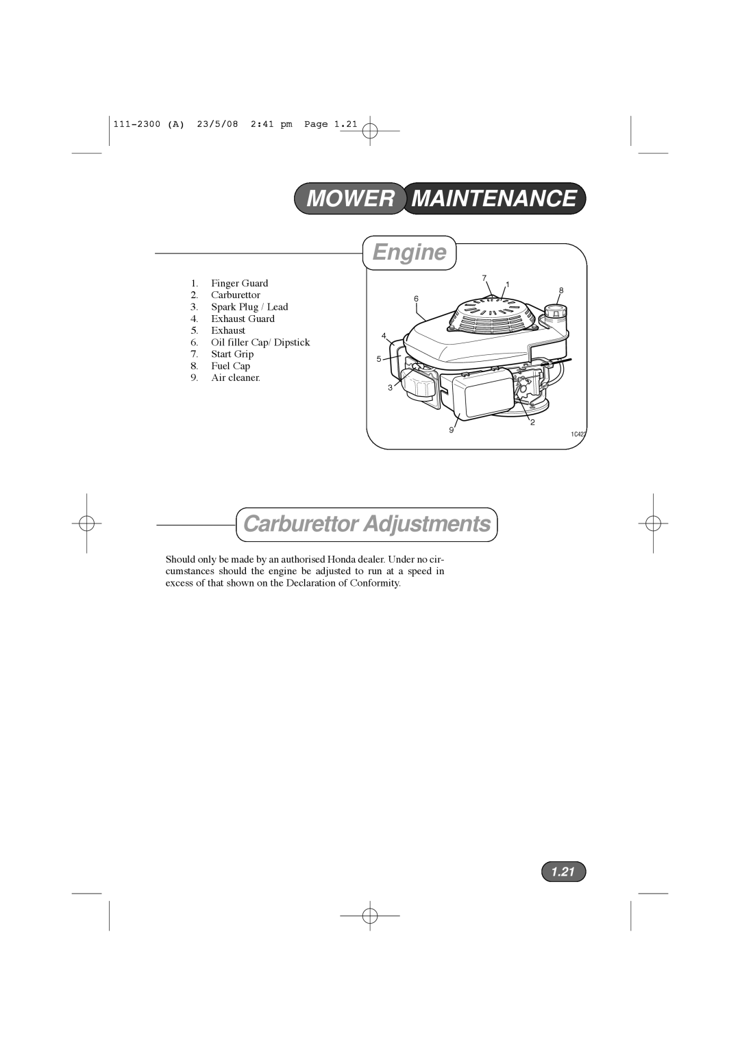 Hayter Mowers 435F, 434F, 433F, 432F manual Mower Maintenance, Engine, Carburettor Adjustments, 1.21 