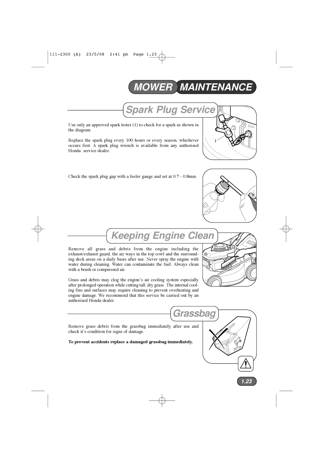 Hayter Mowers 432F, 434F, 435F, 433F manual Spark Plug Service, Keeping Engine Clean, 1.23, Mower Maintenance, Grassbag 