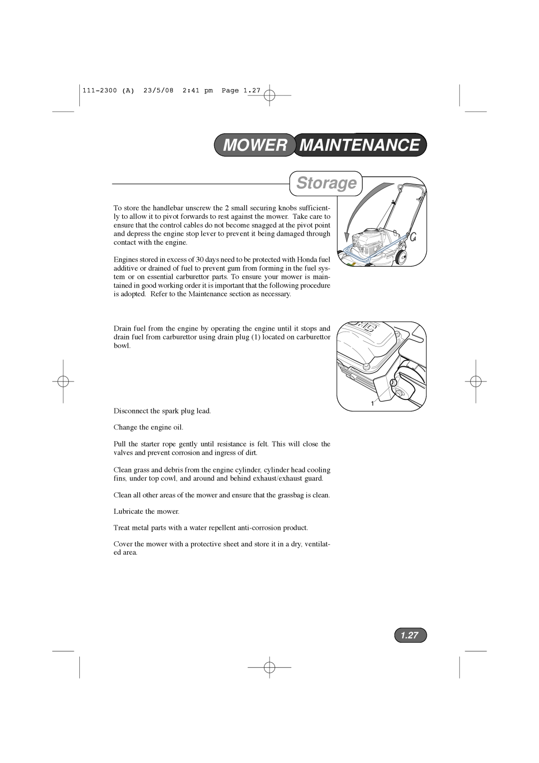 Hayter Mowers 432F, 434F, 435F, 433F manual Storage, 1.27, Mower Maintenance 