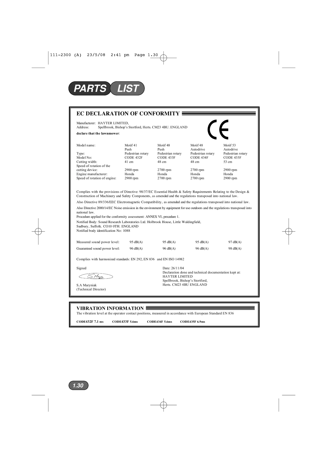 Hayter Mowers 433F Parts List, 1.30, Vibration Information, Ec Declaration Of Conformity, 111-2300A 23/5/08 2:41 pm Page 