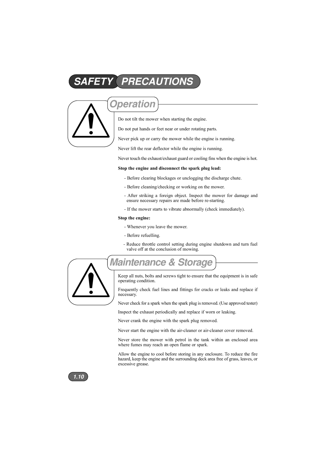 Hayter Mowers 433D, 435D, 434D, 432D manual Maintenance & Storage, Stop the engine and disconnect the spark plug lead 