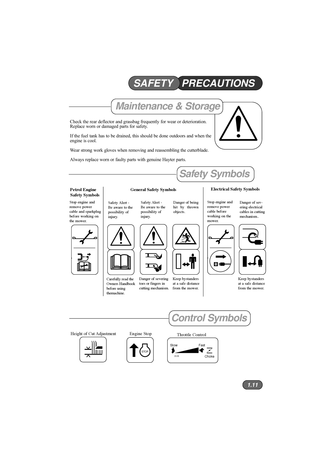 Hayter Mowers 432D, 435D, 434D, 433D manual Safety Symbols, Control Symbols 