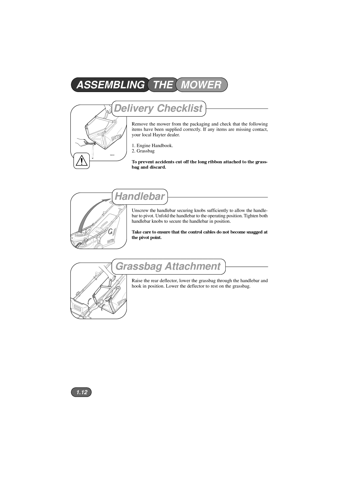 Hayter Mowers 435D, 434D, 433D, 432D manual Assembling the Mower, Delivery Checklist, Handlebar, Grassbag Attachment 