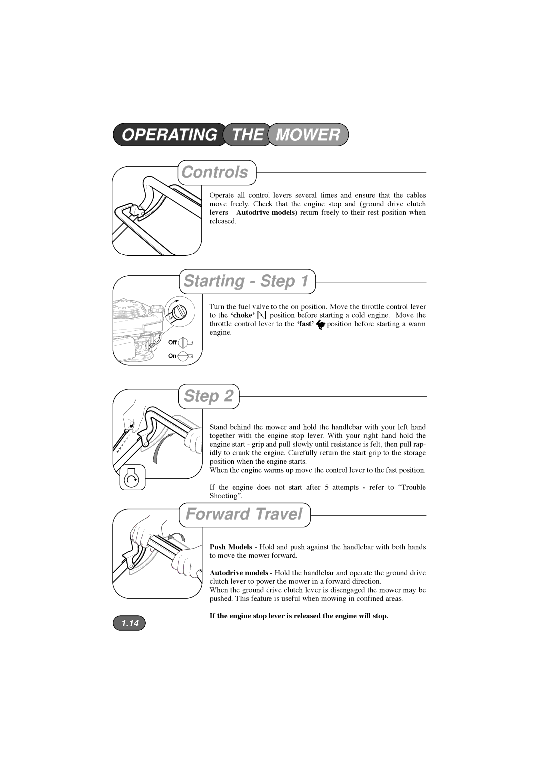 Hayter Mowers 433D, 435D, 434D, 432D manual Operating the Mower, Controls, Starting Step, Forward Travel 