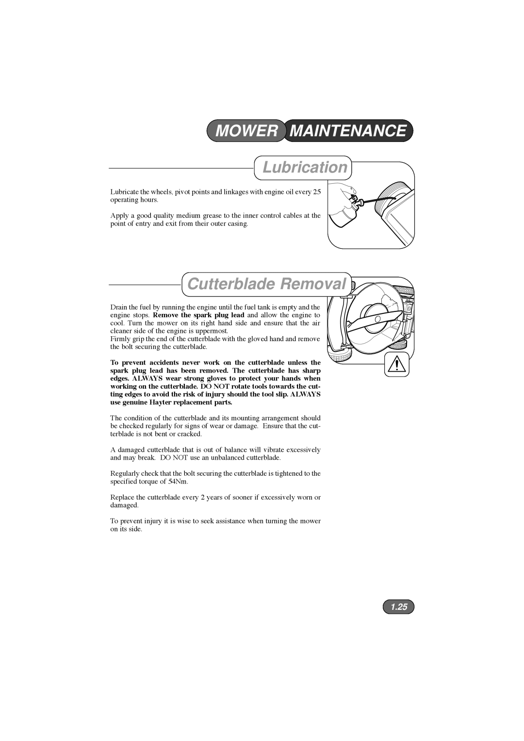 Hayter Mowers 434D, 435D, 433D, 432D manual Lubrication, Cutterblade Removal 