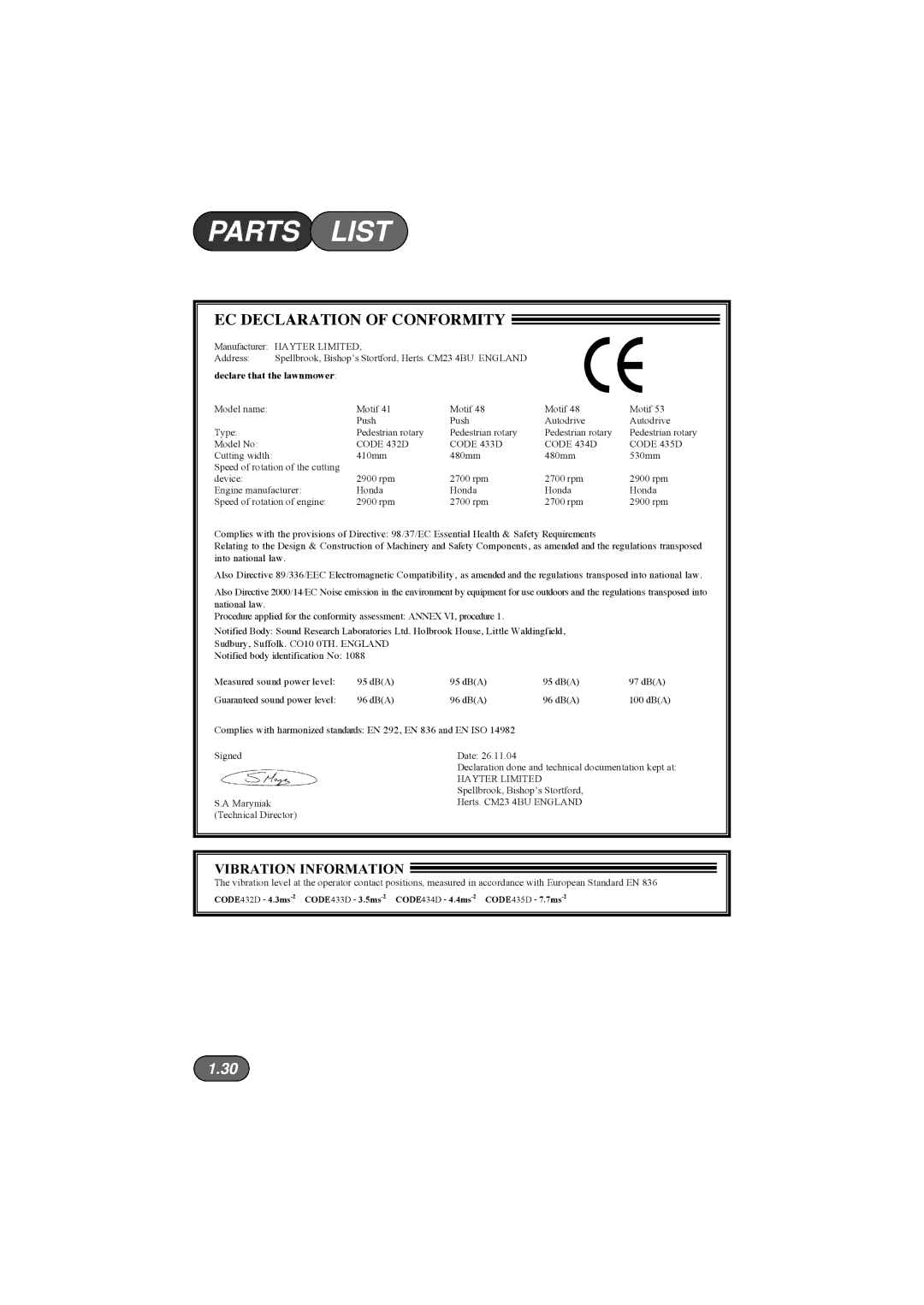 Hayter Mowers 433D, 435D, 434D, 432D manual Parts List, EC Declaration of Conformity 